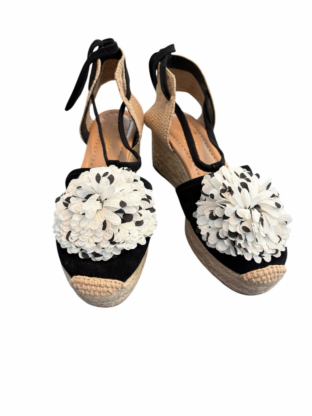 Like new! Kate Spade Lafayette blk suede Pom Pom wedges